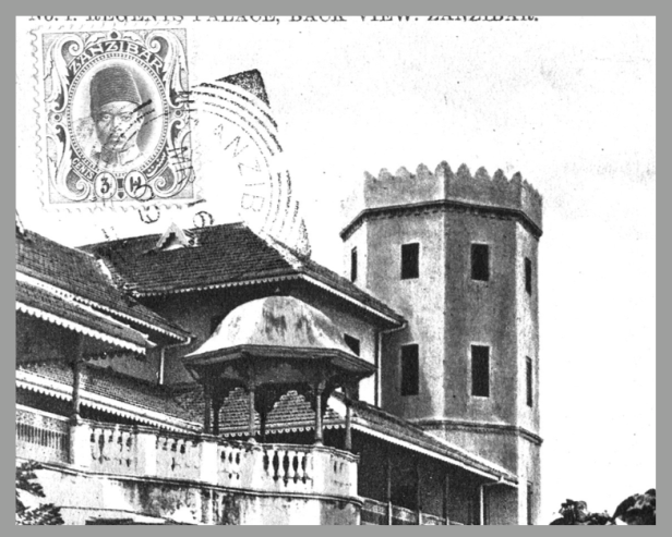 Postcard of the west (seaward) façade of the Residence in Zanzibar built for Alexander Rogers, Regent and First Minister, completed 1903, designed by John Sinclair. Courtesy of Terrence Royer, www.zanzibarhistory.org