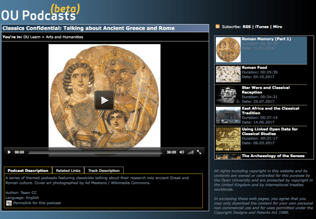 Roman Memory on the OU podcast site - a linked screenshot 