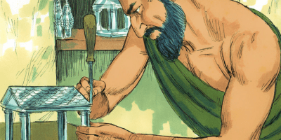 Cartoon image of Demetrios of Ephesus making a silver temple model